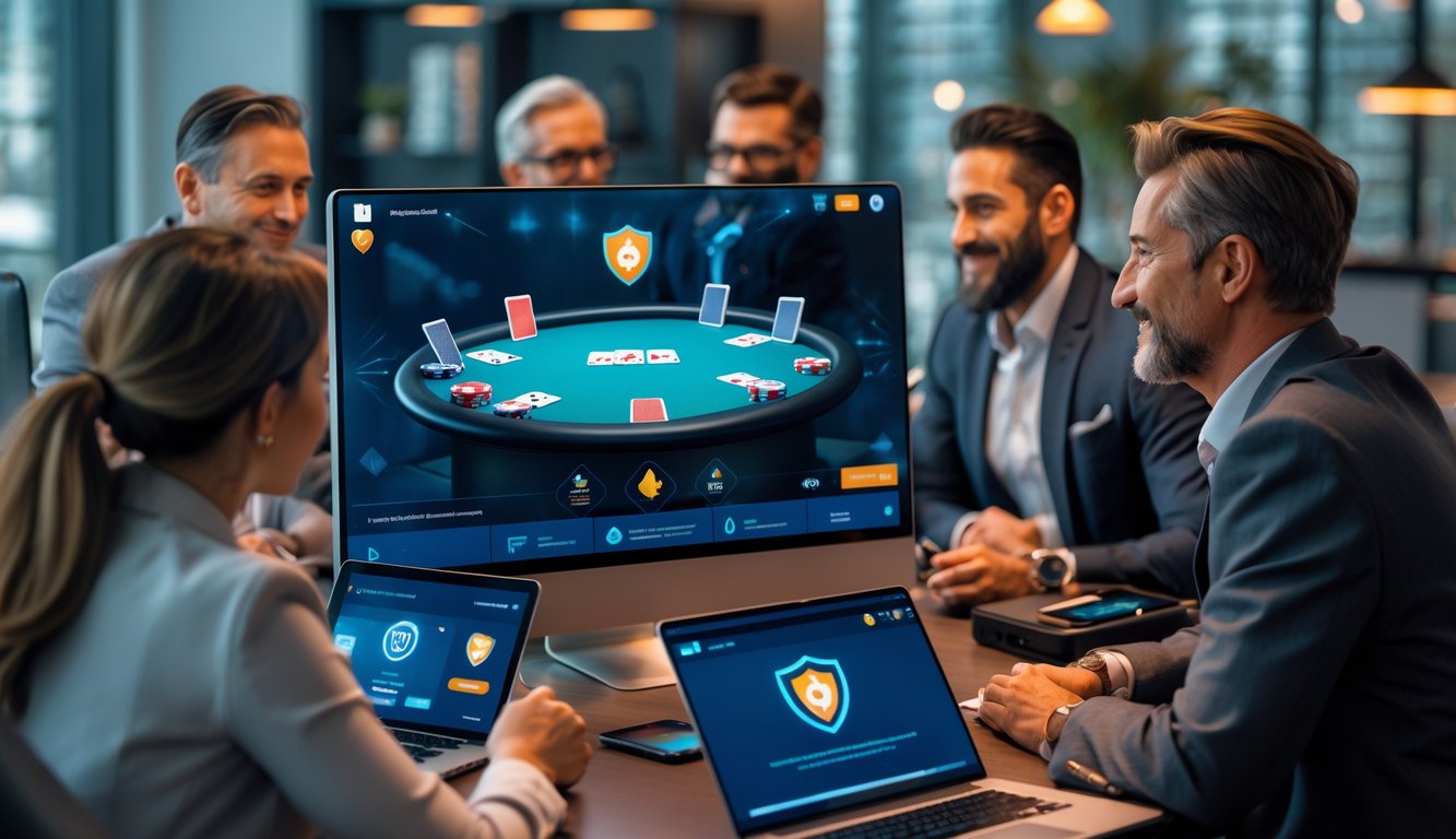 Sekelompok orang dewasa bermain poker online di depan komputer dengan suasana yang aman dan profesional.