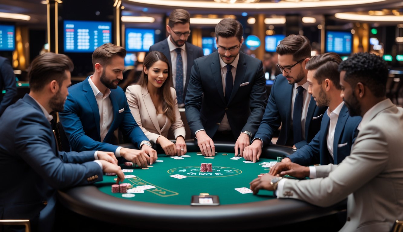 Sejumlah orang berpakaian rapi sedang bermain poker di meja kasino dengan suasana modern dan elegan.