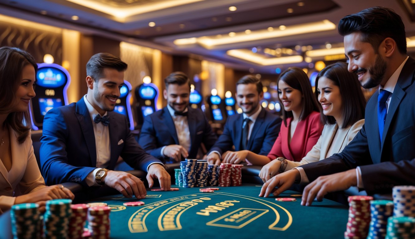 Meja poker di kasino dengan pemain yang sedang bermain dan dealer, suasana kasino yang mewah dan ramai.