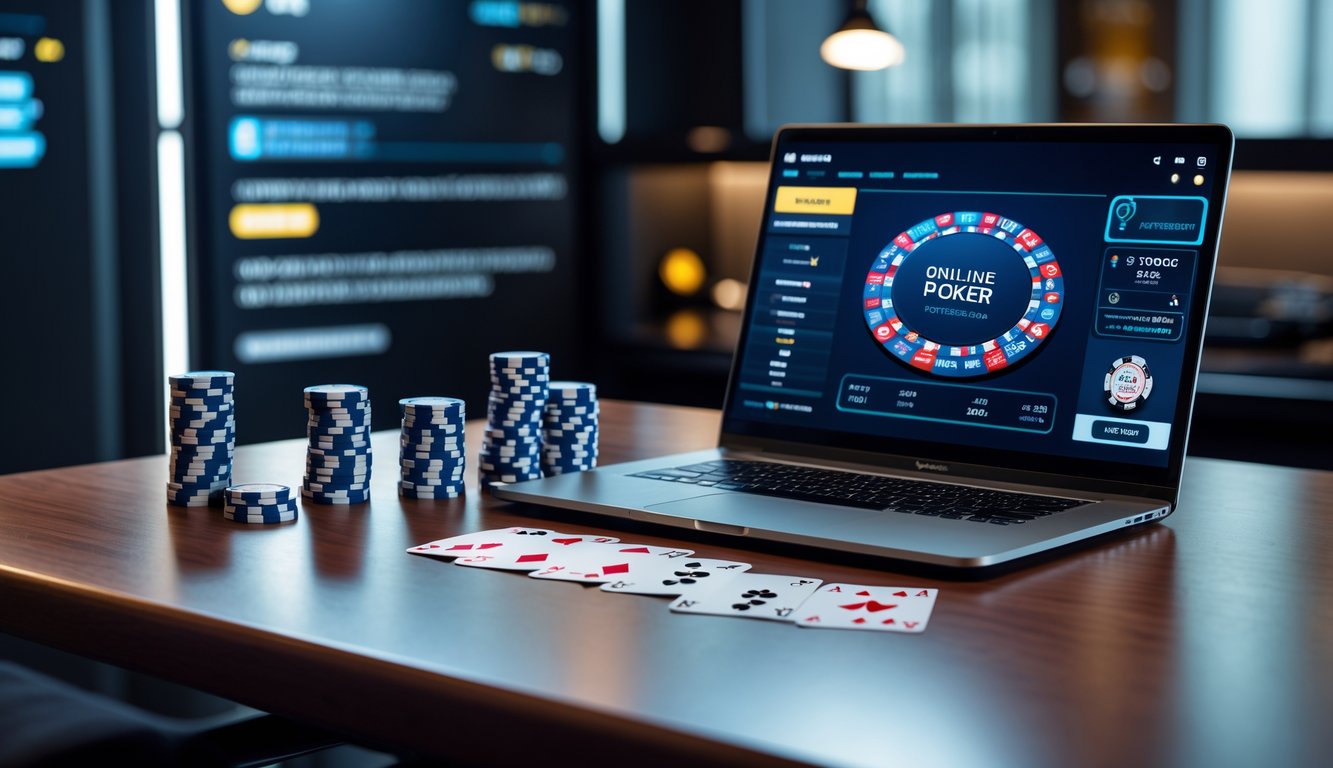 Meja dengan laptop yang menampilkan permainan poker online, tumpukan chip poker, dan kartu bermain di atas meja kayu.