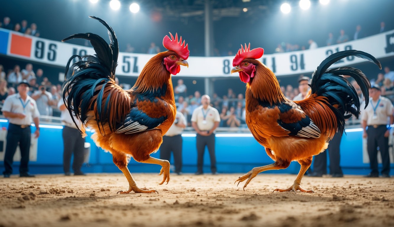 Arena sabung ayam dengan dua ayam bertarung di depan penonton yang antusias.