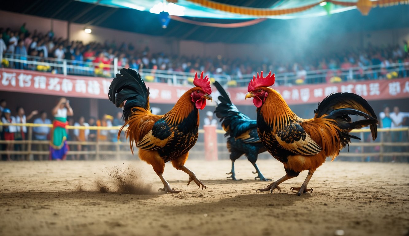 Kerumunan penonton menyaksikan pertandingan sabung ayam di arena yang ramai dan terang.