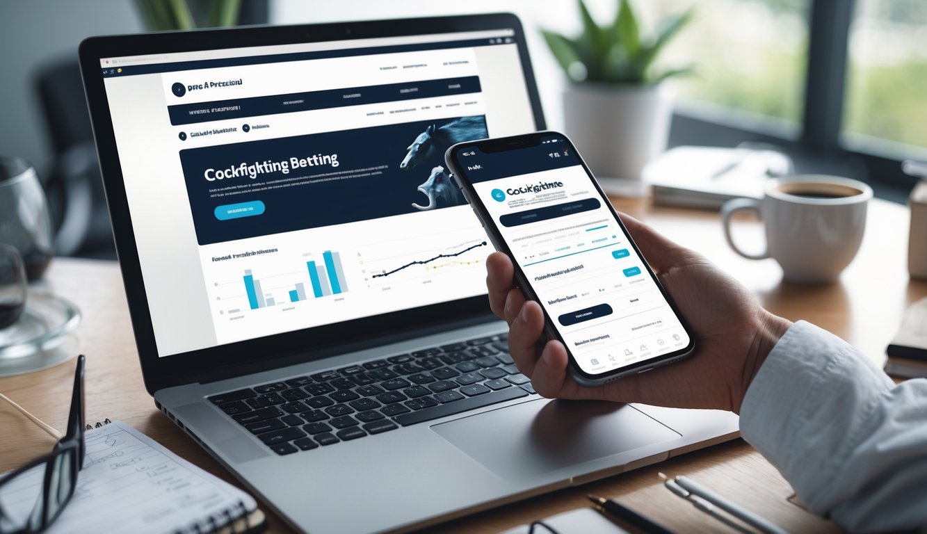 Meja kerja dengan laptop dan ponsel yang menampilkan aplikasi taruhan sabung ayam online, dengan suasana tenang dan teratur.
