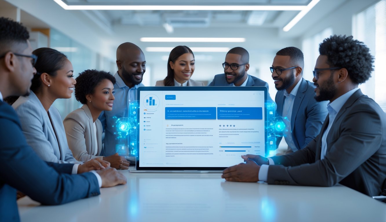 Sekelompok orang sedang melihat perangkat digital di kantor modern yang terang dan bersih.