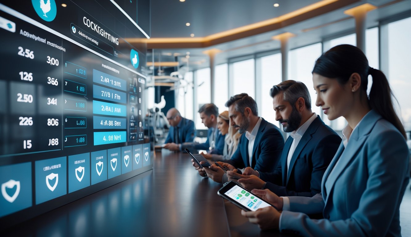 Orang-orang sedang memasang taruhan sabung ayam menggunakan perangkat digital di sebuah ruangan modern.