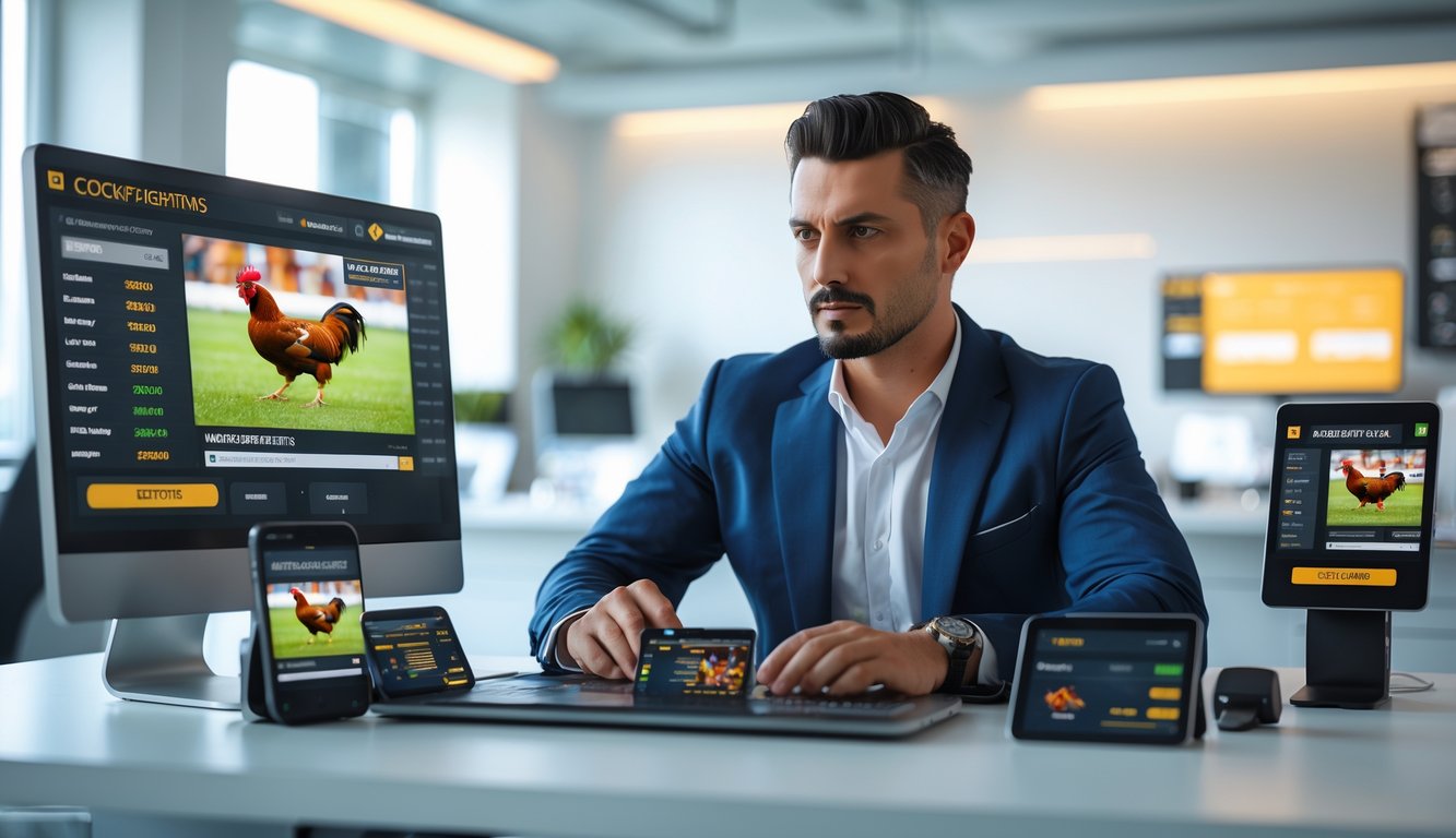 Seorang pria duduk di meja dengan beberapa perangkat digital yang menampilkan aktivitas taruhan sabung ayam secara online.