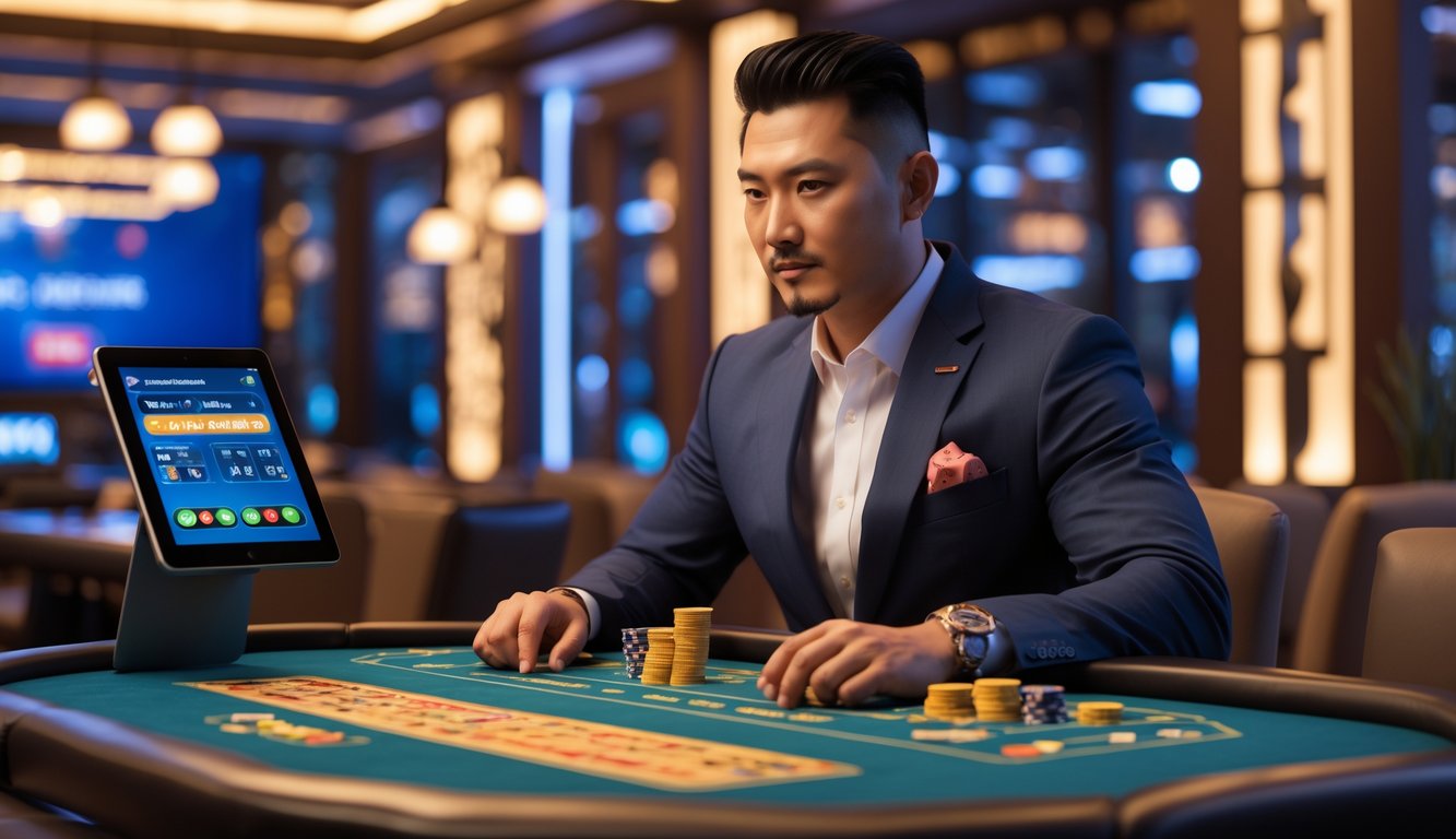 Seorang pria Asia Tenggara duduk di meja permainan modern, fokus bermain taruhan sabung ayam di ruangan bergaya dan terang.