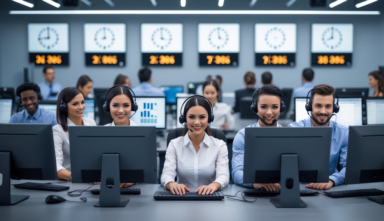 Tim layanan pelanggan yang ramah dan profesional bekerja di pusat layanan yang modern dengan suasana kantor yang terang dan peralatan komputer.