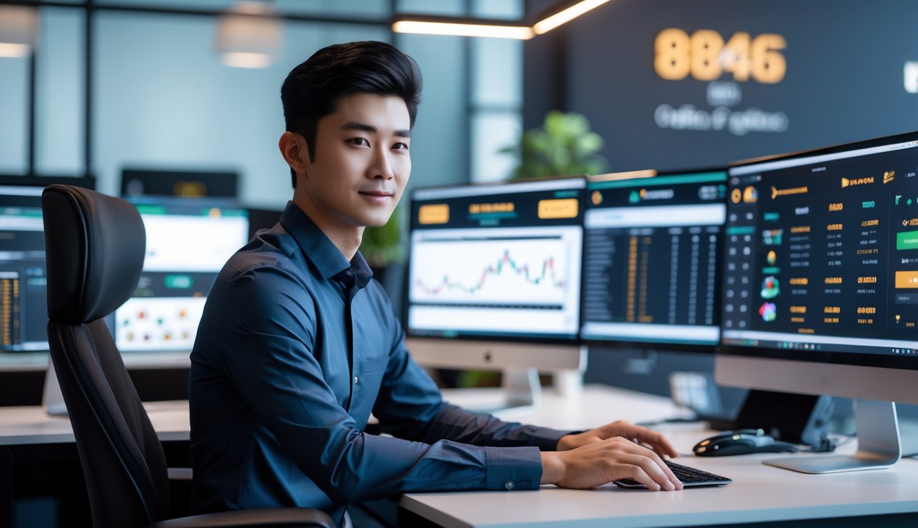 Seorang pria muda duduk di meja kantor dengan beberapa monitor komputer yang menampilkan antarmuka permainan dan grafik ulasan.