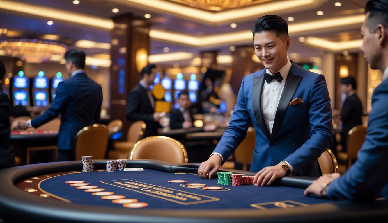 Seorang dealer profesional di meja permainan Bandar Ceme dengan pemain berpakaian rapi di kasino mewah.