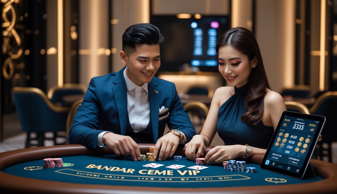 Dua orang bermain kartu Bandar Ceme VIP di meja kasino yang mewah dengan suasana yang tenang dan profesional.
