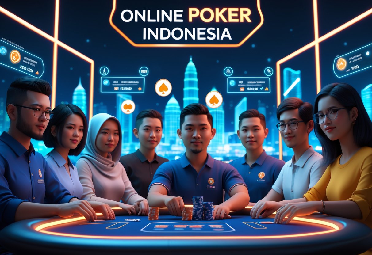 Adegan permainan poker online dengan meja poker digital dan pemain yang sedang bermain di latar kota Indonesia.
