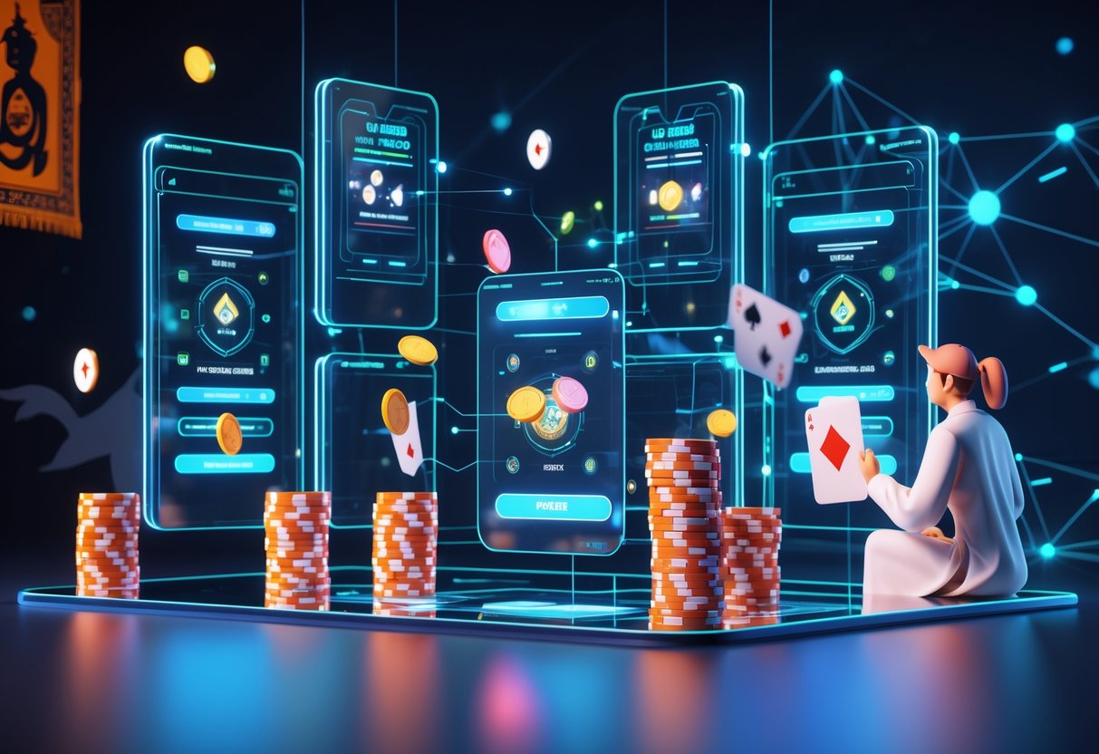 Adegan 3D yang menampilkan permainan poker online berkembang di Indonesia dengan kartu, chip, dan elemen budaya Indonesia di latar belakang.