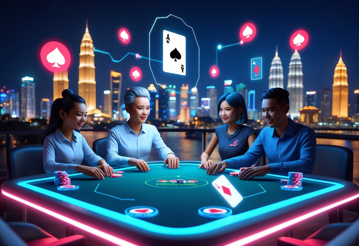 Adegan permainan poker online dengan meja digital dan pemain yang bermain di latar kota Jakarta malam hari.