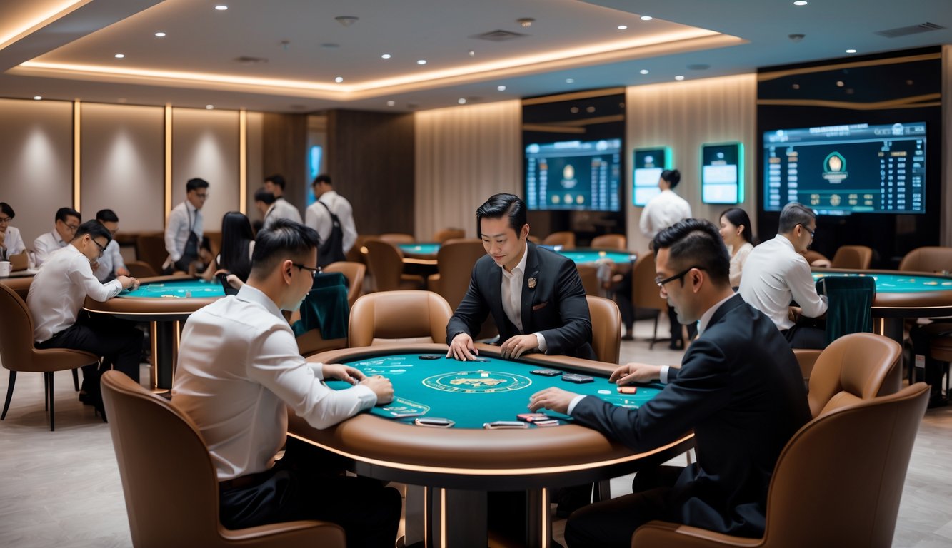 Ruang VIP permainan Bandar Ceme dengan beberapa orang bermain di meja permainan dan staf melayani dengan cepat.