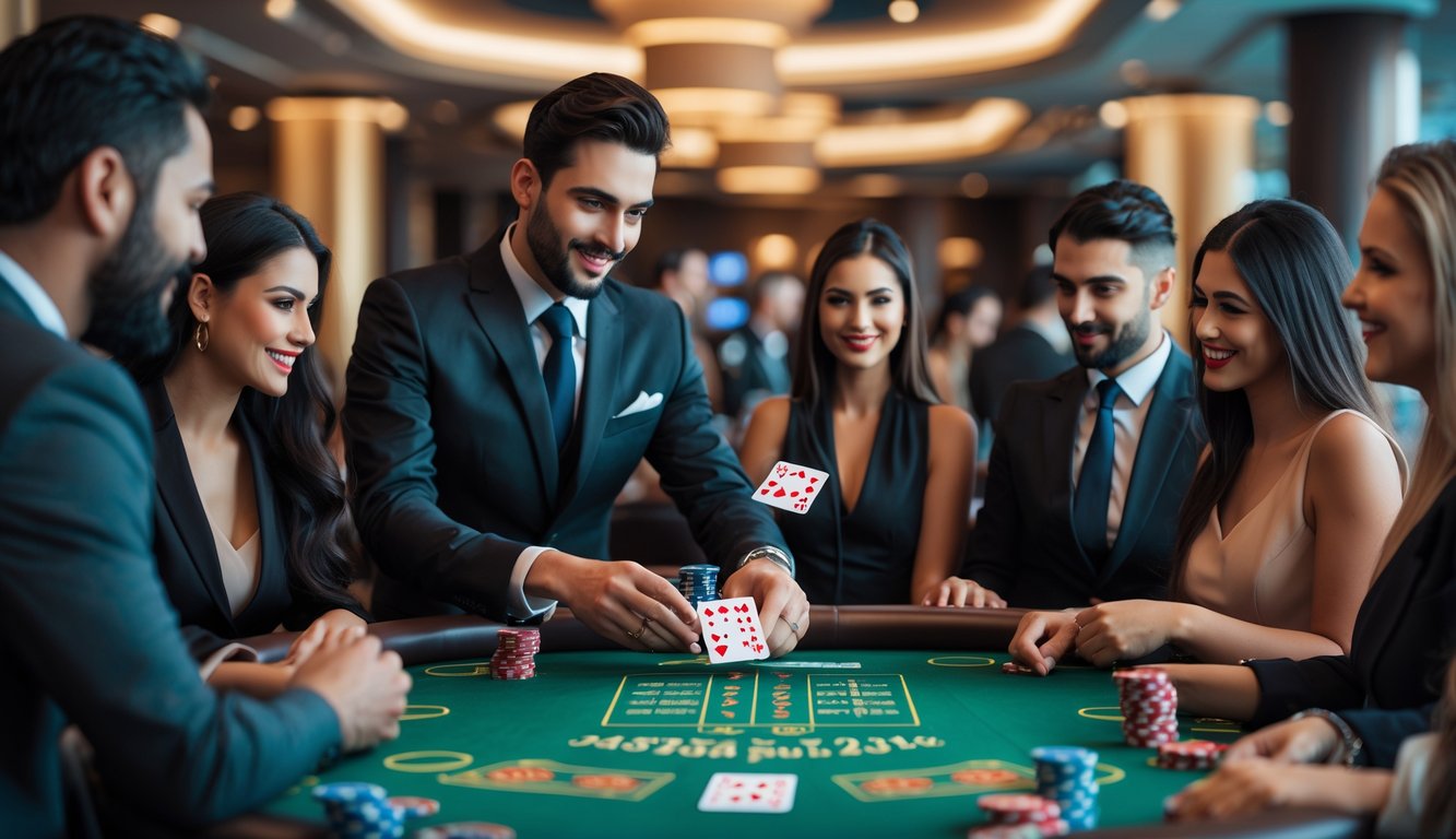 Meja permainan kartu VIP di kasino dengan dealer dan beberapa pemain yang sedang bermain kartu.