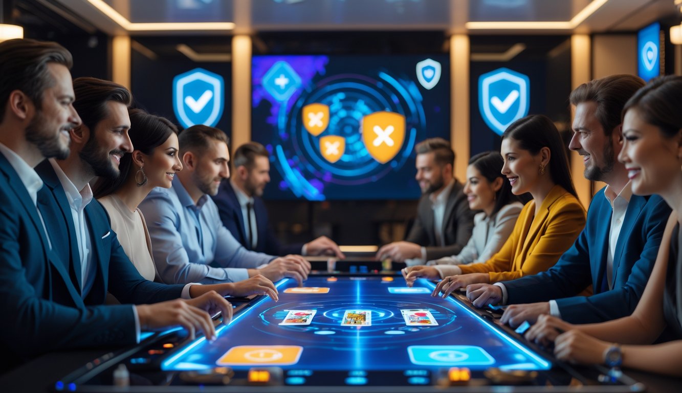 Sekelompok orang dewasa bermain permainan kartu digital di sebuah lounge modern yang mewah, menunjukkan suasana permainan yang adil dan terpercaya.