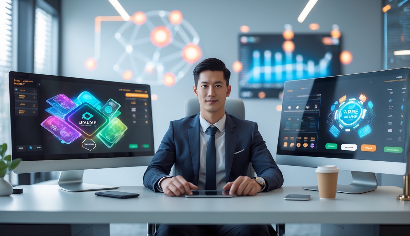 Seorang pria muda duduk di meja kantor dengan beberapa layar komputer yang menampilkan permainan kartu digital dan antarmuka taruhan.