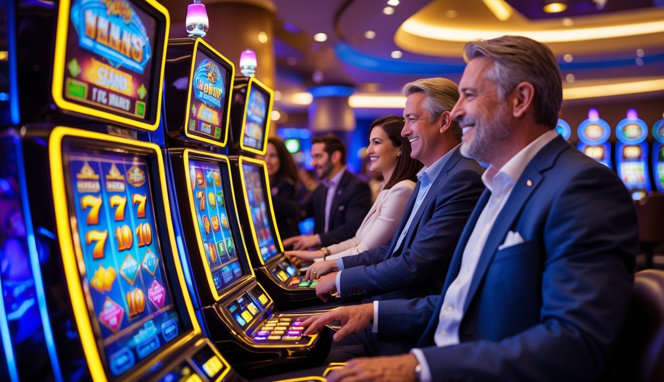 Orang-orang bermain mesin slot di dalam kasino modern dengan pencahayaan terang dan suasana yang menyenangkan.