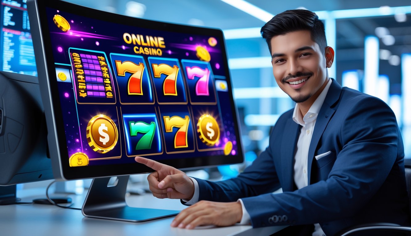 Seorang pria muda duduk di depan monitor besar yang menampilkan permainan slot online dengan grafis warna-warni di sebuah kantor modern.