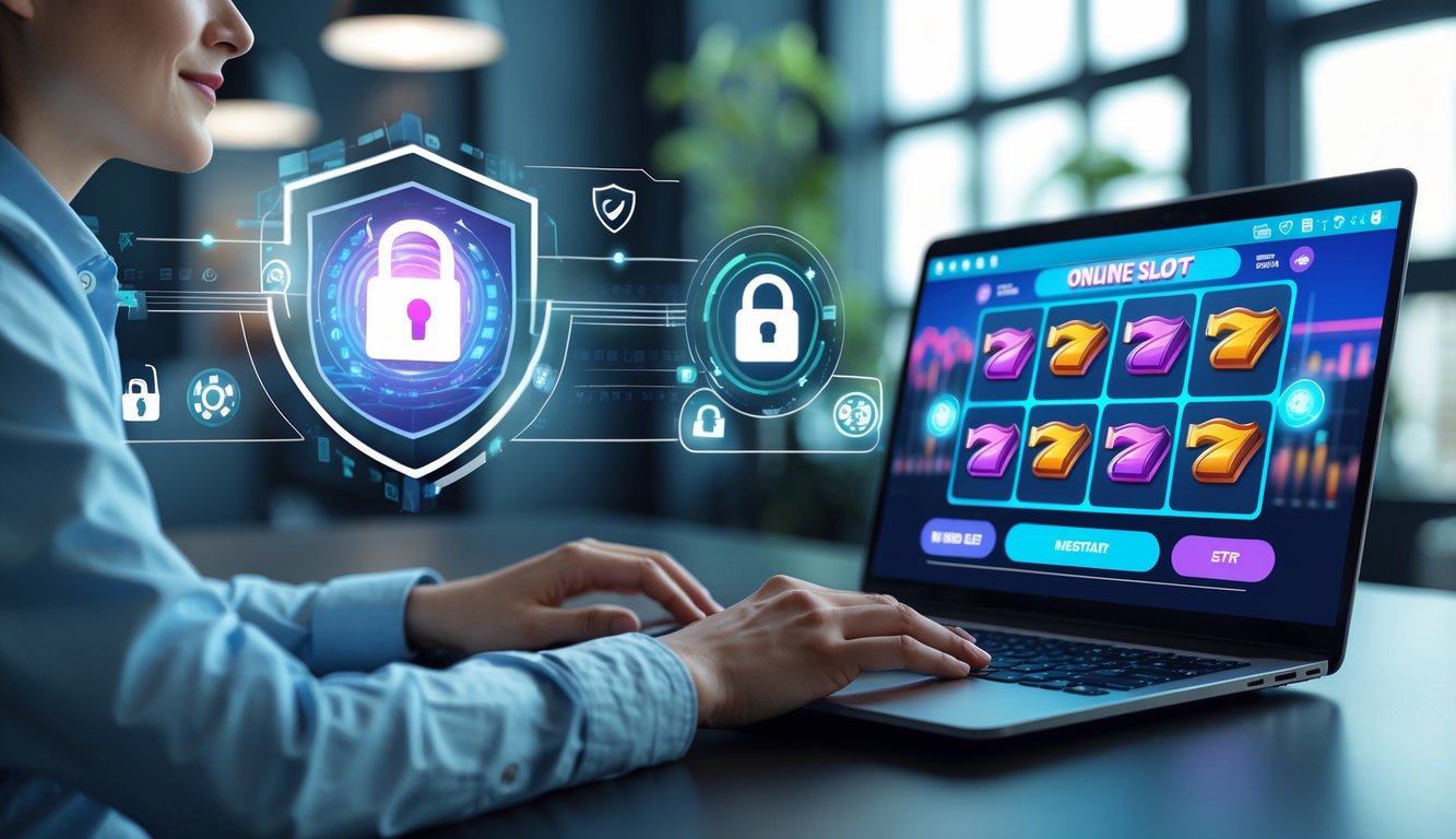 Seseorang menggunakan laptop dengan layar permainan slot online yang aman di ruang kerja modern.