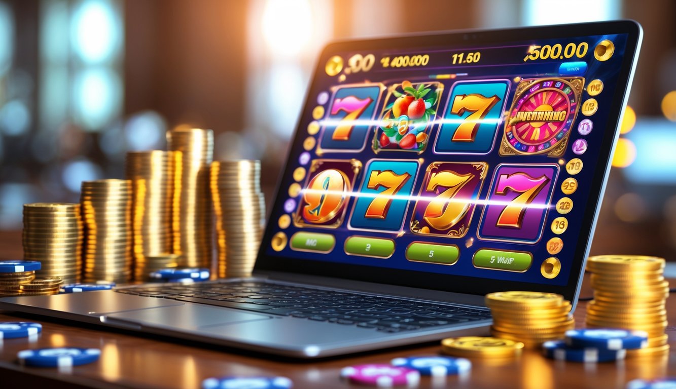 Sebuah laptop menampilkan permainan slot online dengan koin emas dan chip poker di sekitarnya di atas meja kayu.