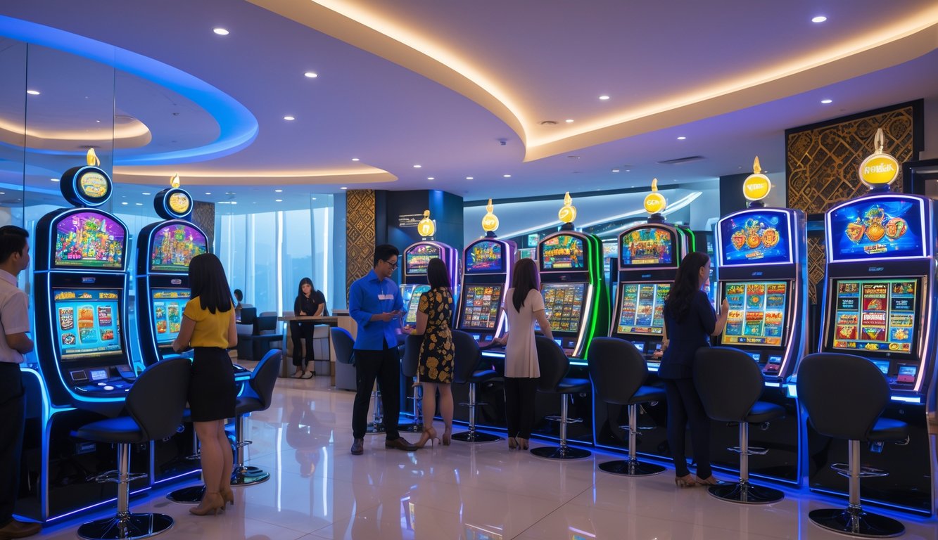 Suasana kantor agen slot di Indonesia dengan mesin slot modern dan orang-orang bermain serta berinteraksi di dalam ruangan yang terang dan rapi.