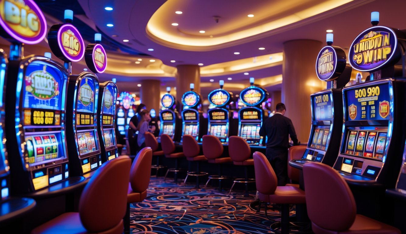 Area mesin slot yang modern dan terang dengan beberapa orang bermain dengan santai dan percaya diri.