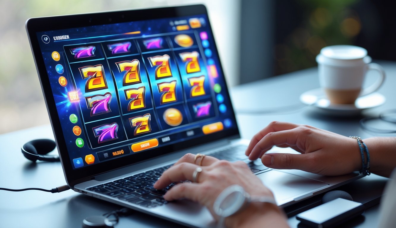 Seseorang bermain permainan slot online di depan laptop di meja kerja dengan latar belakang kabur.
