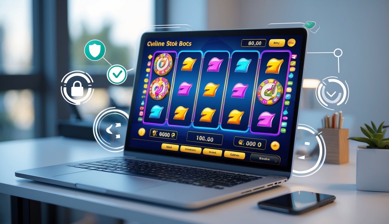 Layar komputer menampilkan permainan mesin slot online yang aman dan terpercaya tanpa bot, di ruang kerja yang bersih dan terang.