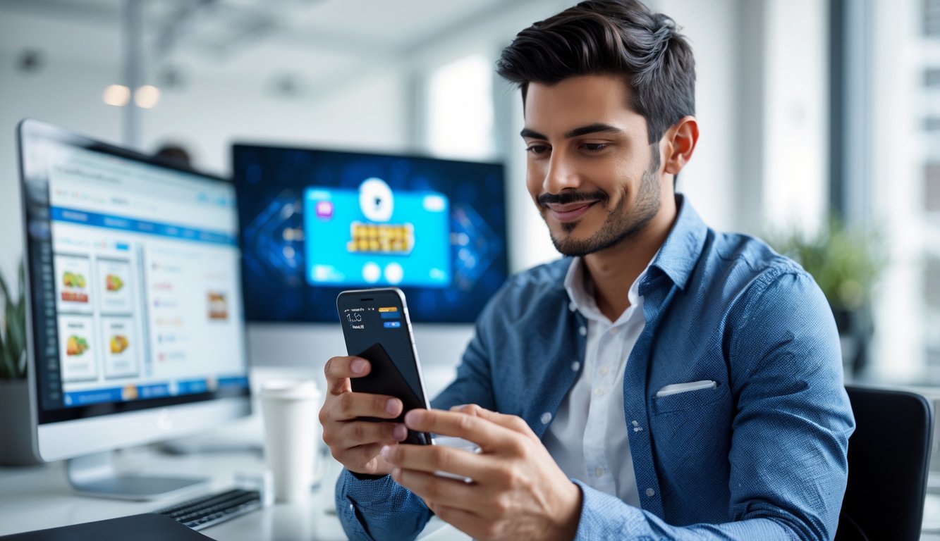 Seorang pria muda menggunakan ponsel untuk melakukan pembayaran digital di kantor modern.