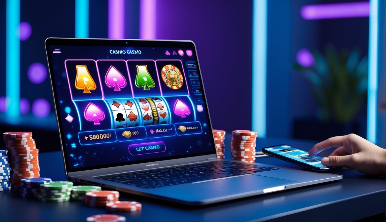 Seorang pengguna sedang bermain kasino online di laptop dengan tumpukan chip dan kartu remi di meja.