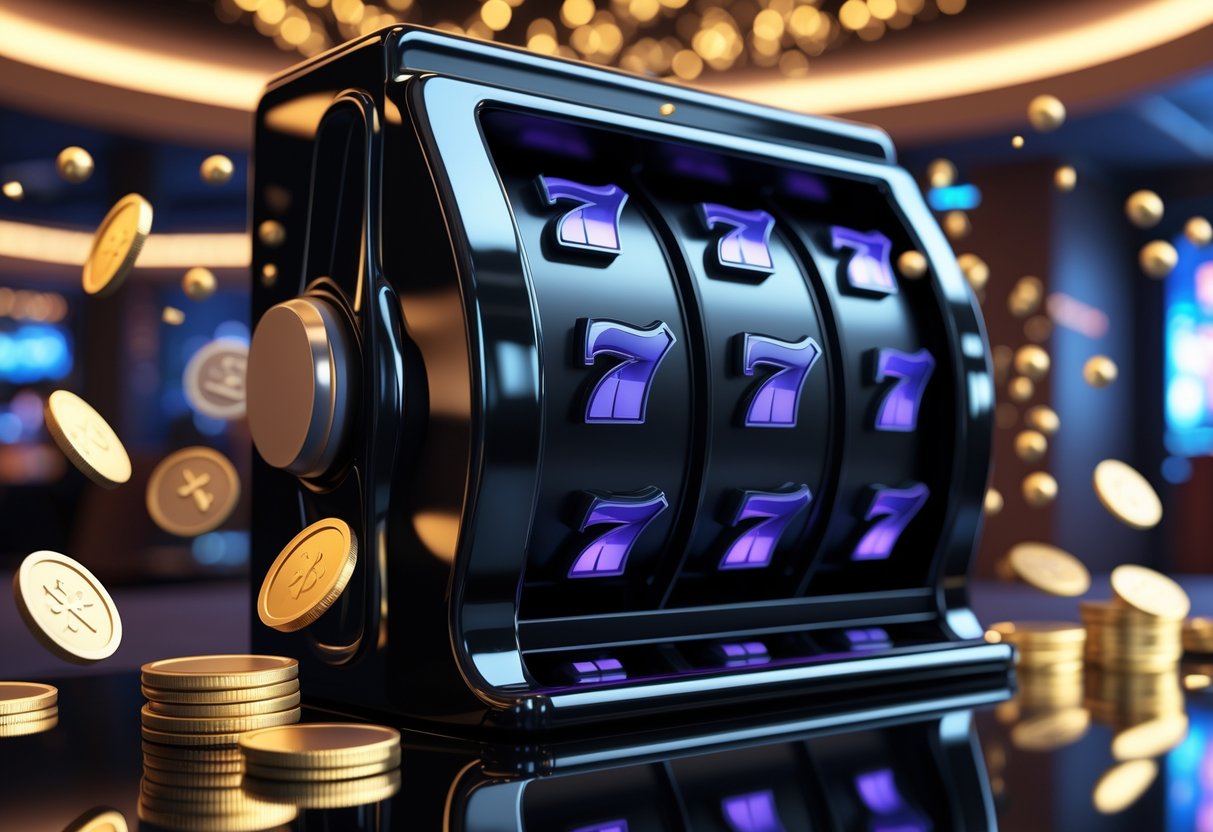 Gambaran mesin slot hitam dengan simbol scatter yang bersinar, dikelilingi koin emas dan chip, di latar belakang suasana kasino yang modern dan remang-remang.