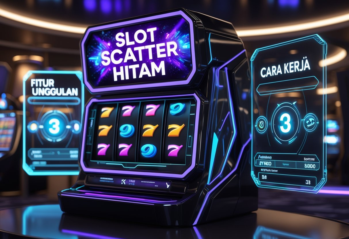 Mesin slot hitam dengan simbol scatter bercahaya dan elemen holografik di latar kasino futuristik gelap.