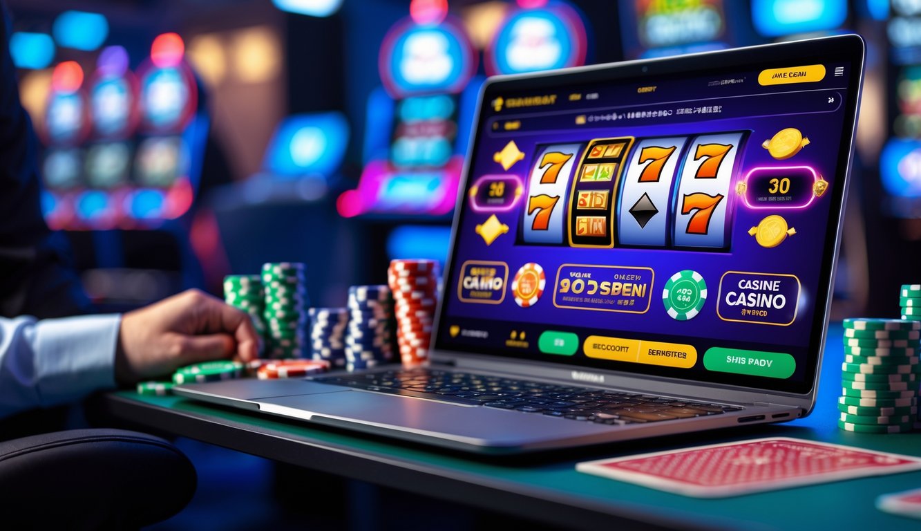 Seorang pria menggunakan laptop dengan permainan kasino online di layar, di meja terdapat chip kasino dan kartu remi.