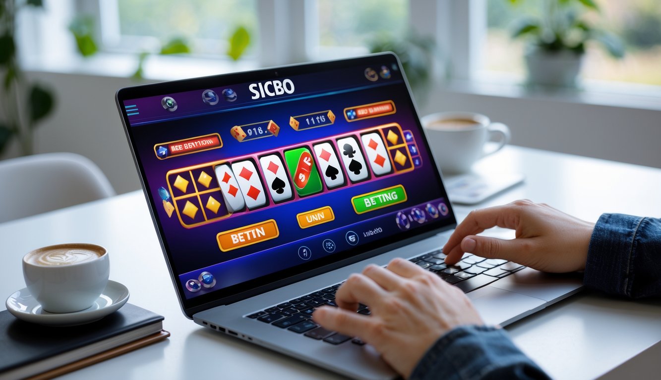 Seseorang sedang bermain permainan Sicbo online menggunakan laptop di meja dengan latar belakang ruangan yang terang.