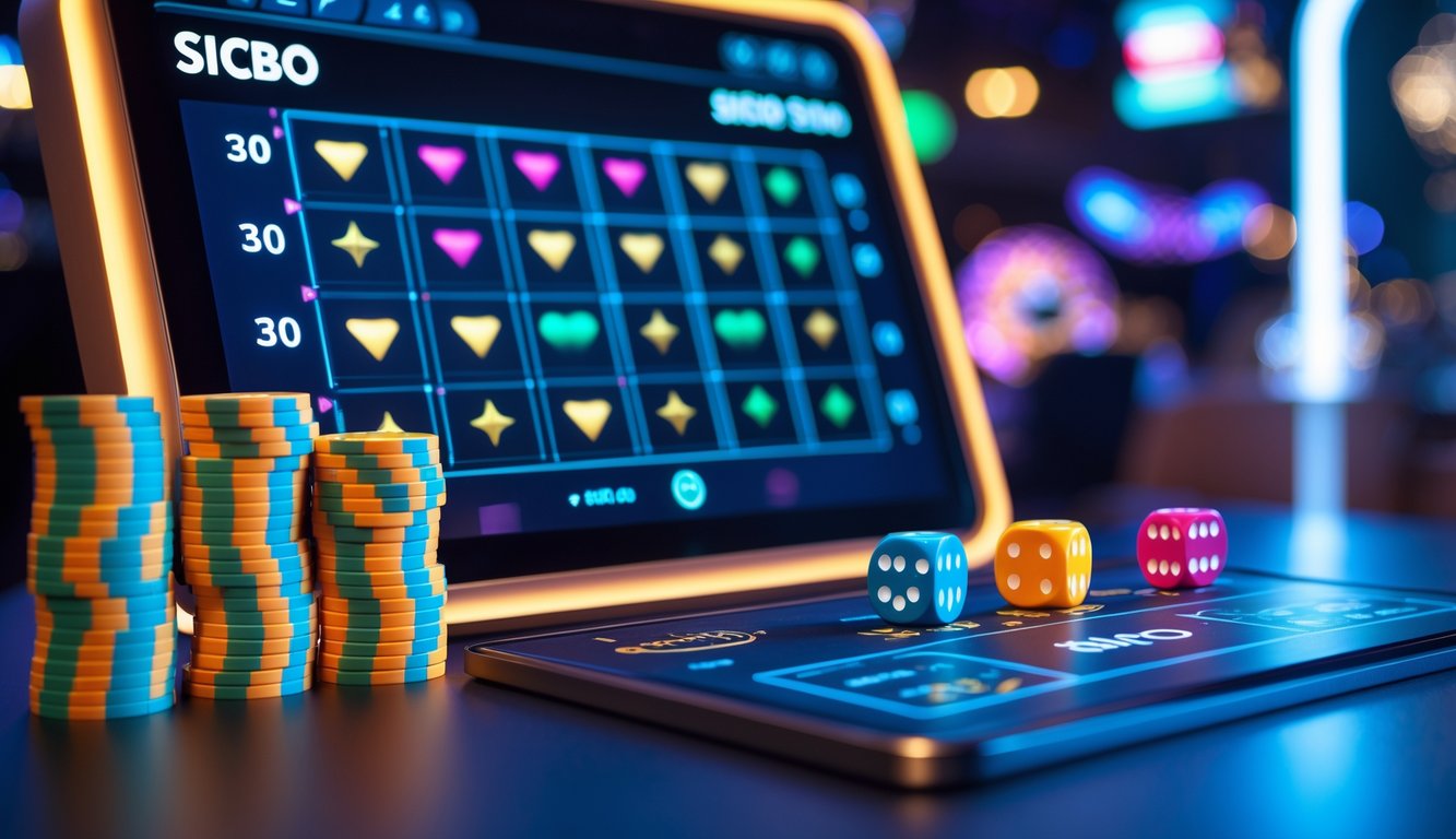 Meja kasino online dengan dadu Sicbo yang sedang dilempar dan tumpukan chip di sampingnya.