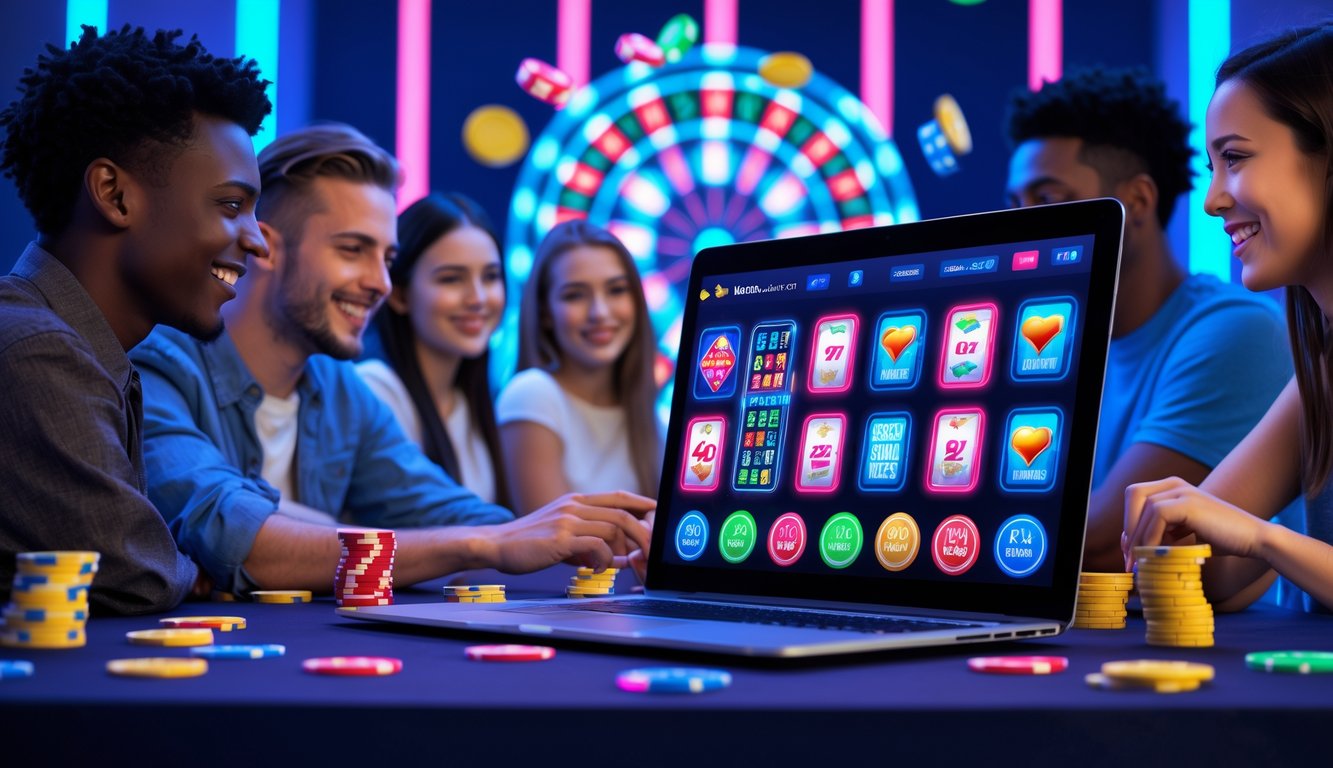 Orang-orang muda bermain permainan kasino online dengan laptop dan ponsel di ruangan modern yang terang.
