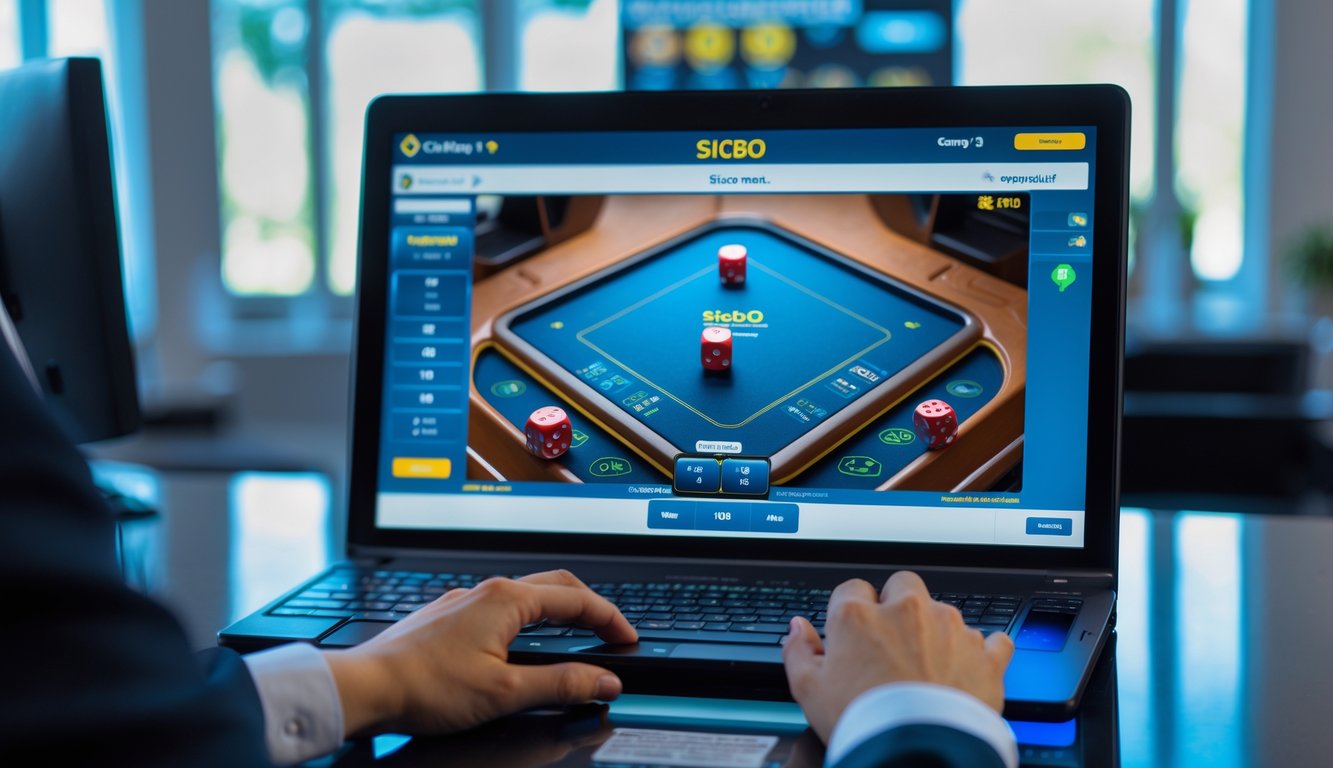 Tampilan permainan Sicbo online dengan tiga dadu di layar komputer dan tangan yang siap bermain.