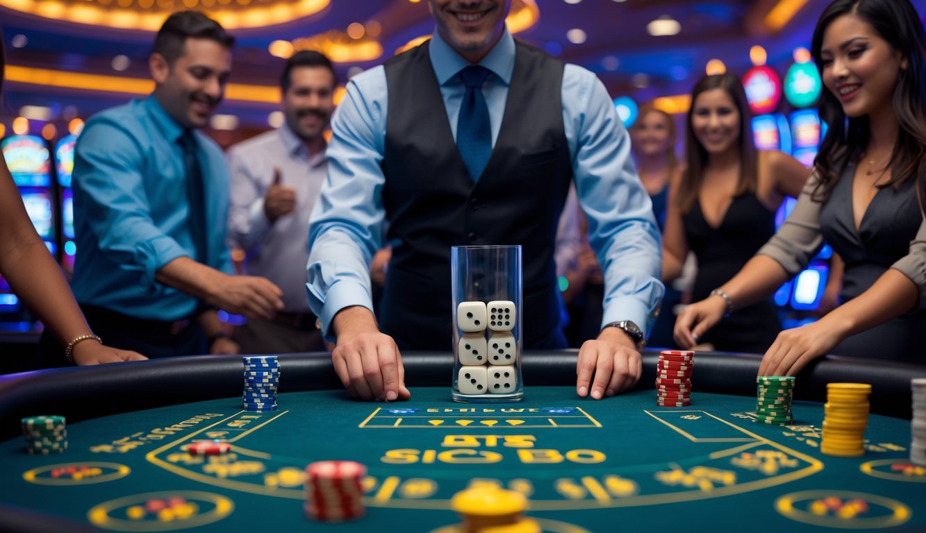 Suasana meja permainan Sic Bo di kasino dengan dealer dan pemain yang sedang bertaruh, dikelilingi lampu kasino yang terang.