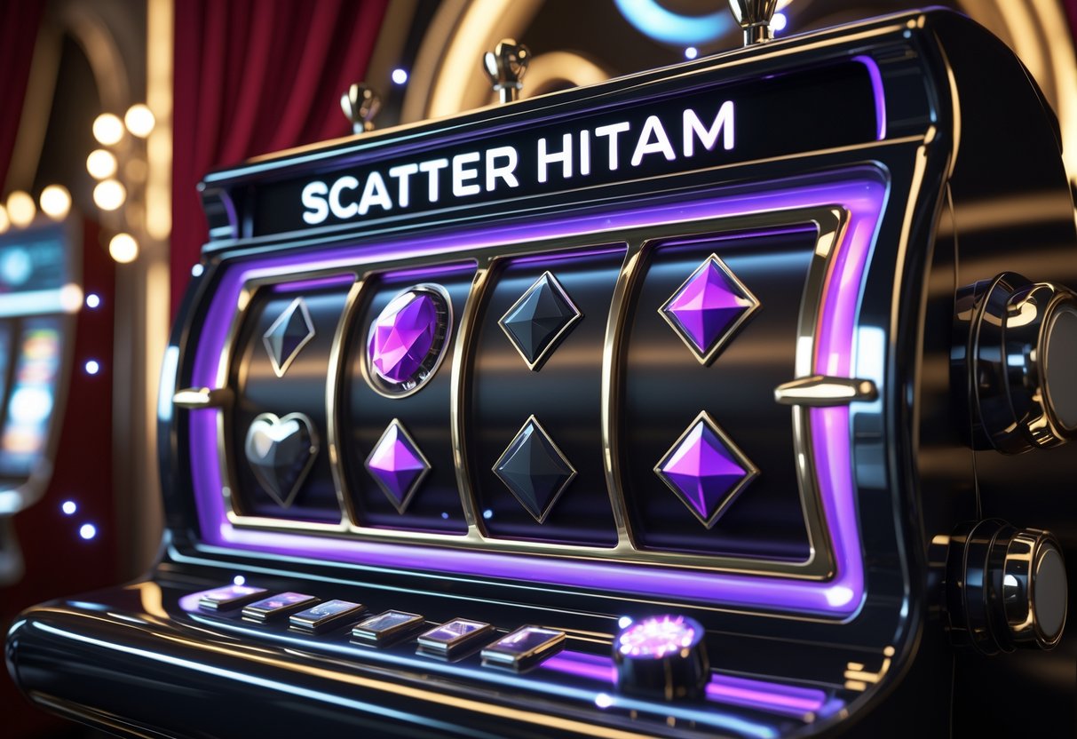 Mesin slot hitam dengan simbol scatter dan latar belakang kasino mewah yang gelap dan berkilau.