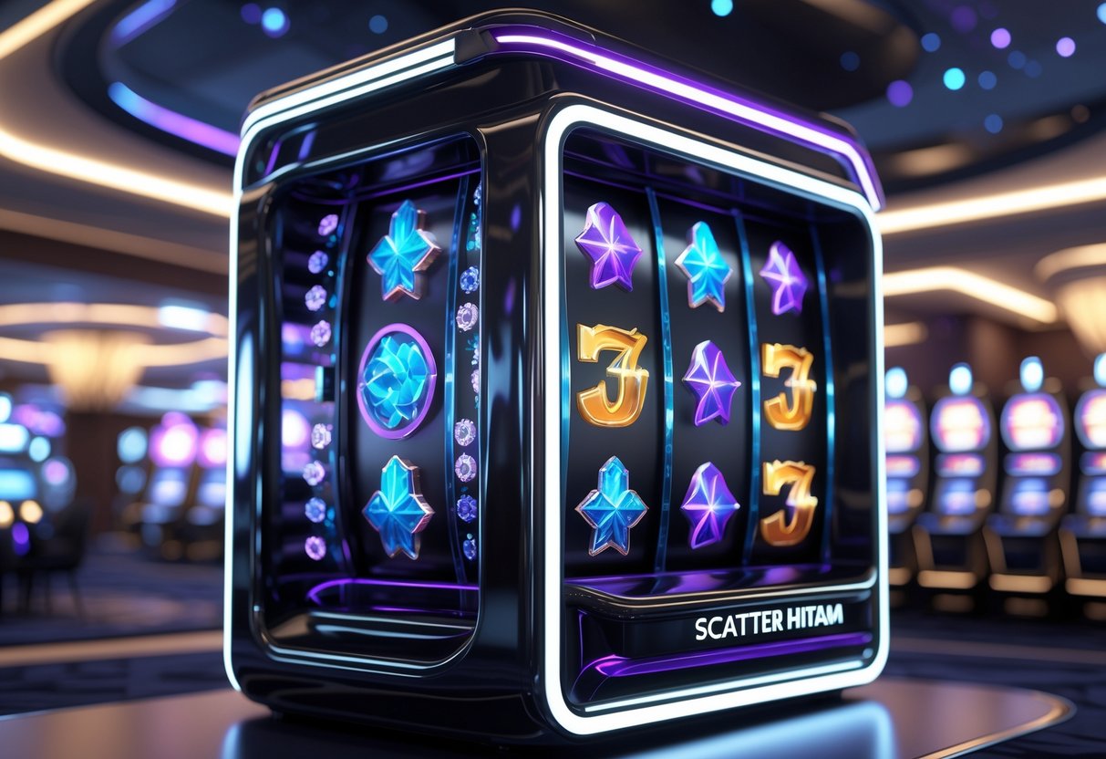 Mesin slot hitam dengan simbol scatter bercahaya di dalam kasino modern yang gelap dan futuristik.