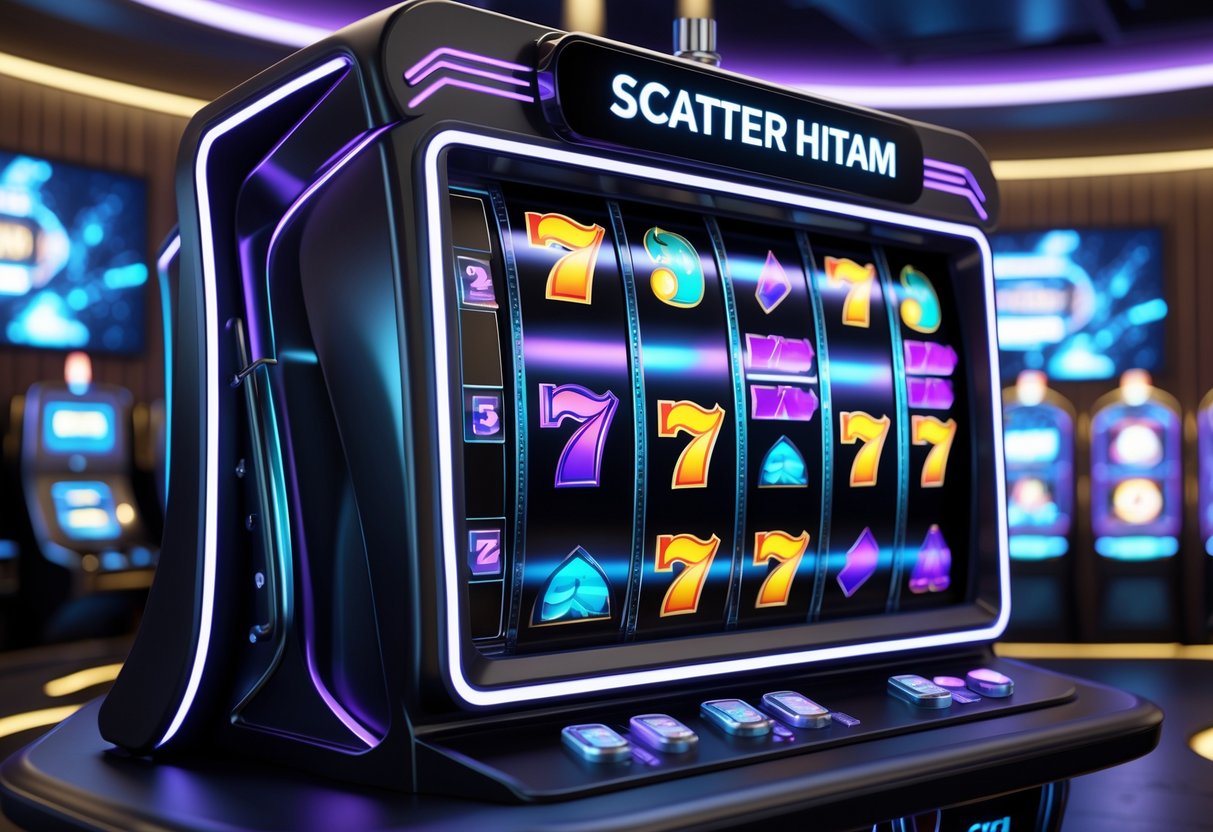 Mesin slot hitam dengan simbol gulungan yang menyala di dalam kasino futuristik.