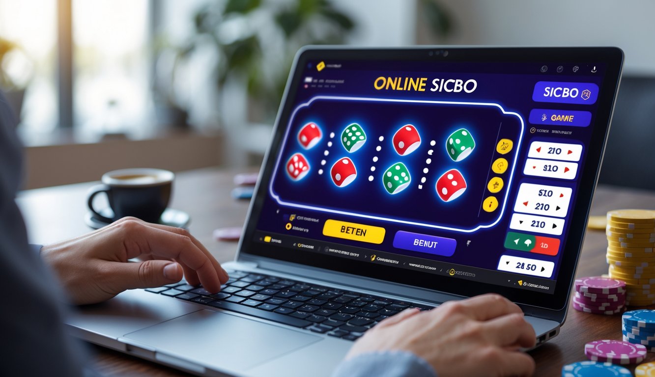 Seseorang bermain permainan Sicbo online di depan komputer dengan latar belakang meja kerja yang rapi dan beberapa elemen kasino.