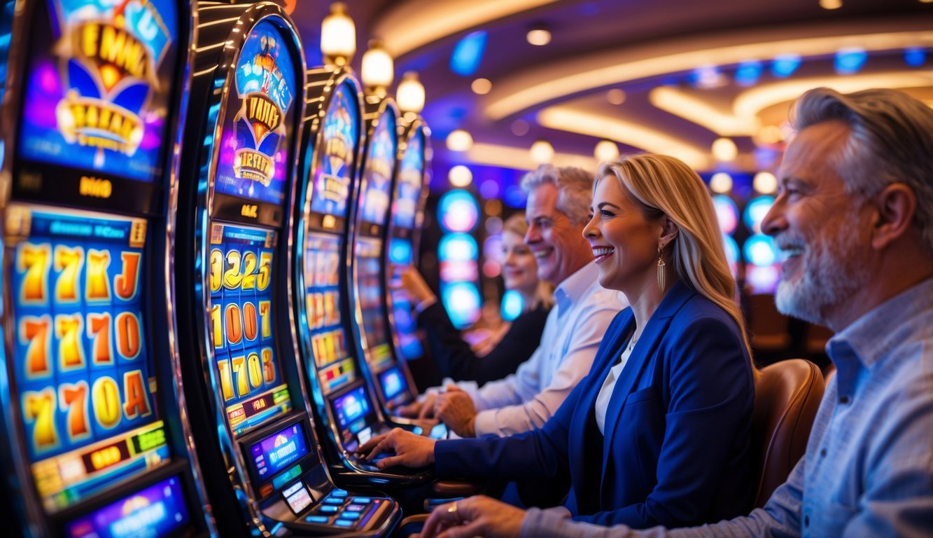 Orang-orang bermain mesin slot berwarna-warni di dalam kasino yang ramai dan terang.