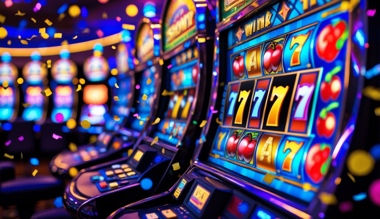 Mesin slot modern dengan simbol kemenangan dan cahaya meriah menandakan jackpot besar.
