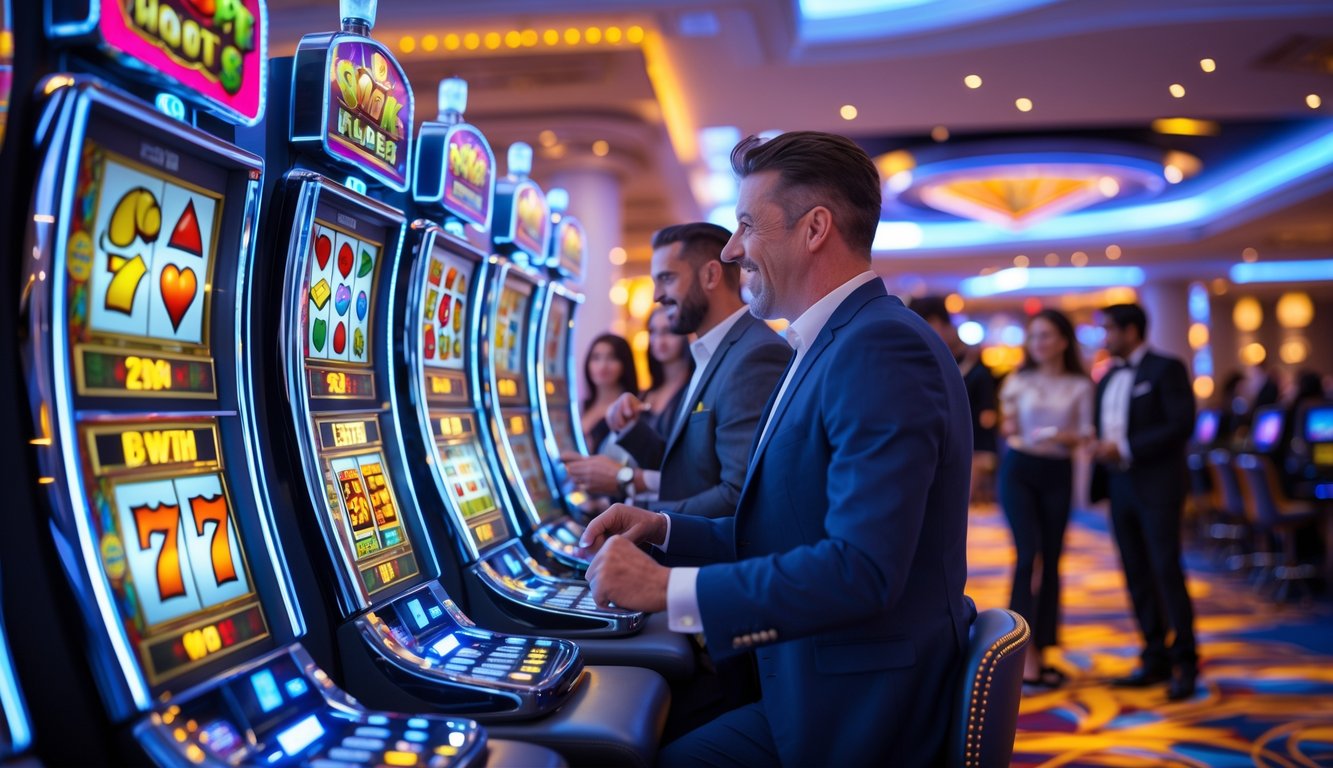 Seorang kelompok orang sedang bermain mesin slot di kasino yang modern dan mewah dengan suasana terang dan penuh warna.