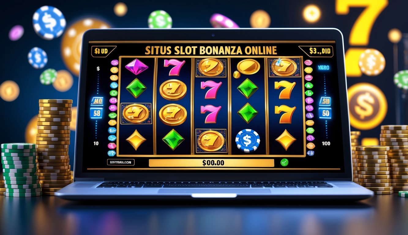 Seorang pengguna bermain permainan slot online di laptop dengan latar meja kerja yang rapi dan beberapa chip poker di sekitarnya.