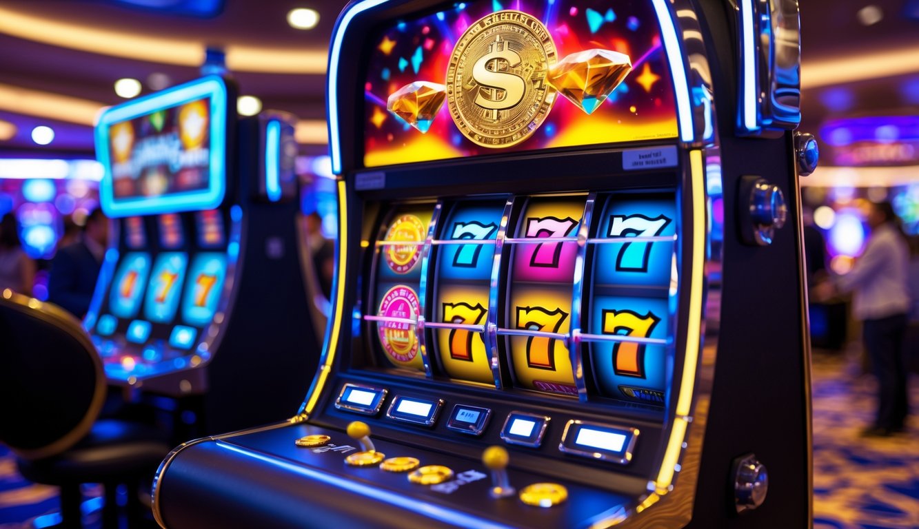 Mesin slot modern yang berwarna-warni di dalam kasino dengan lampu dan suasana yang hidup.