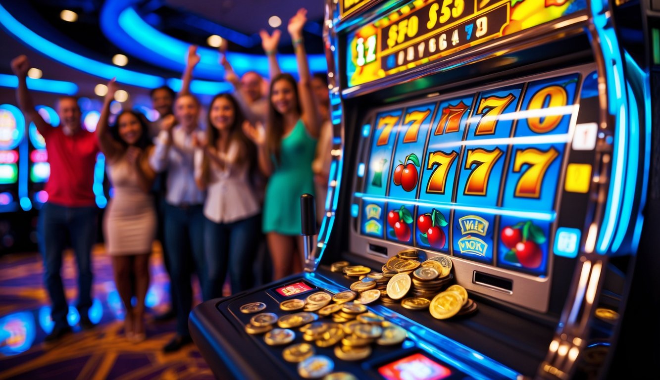 Mesin slot yang menyala dengan koin berjatuhan dan orang-orang yang bersorak di latar belakang.